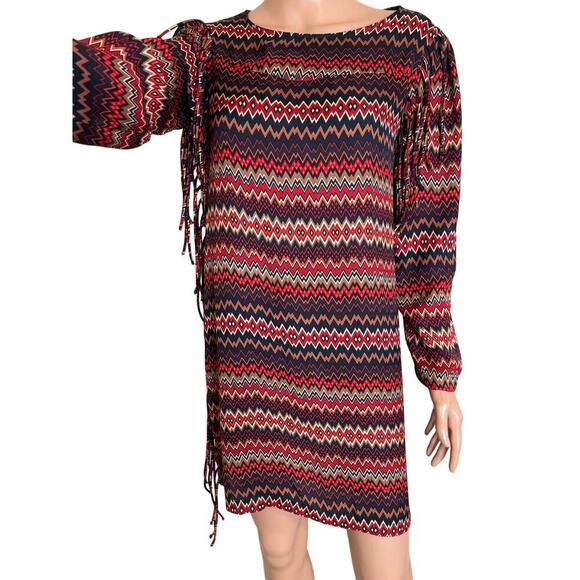 Zara Woman Dress Red Multicolor Chevron Stripes Long Sleeve Shift Fringe SZ M - Picture 5 of 8
